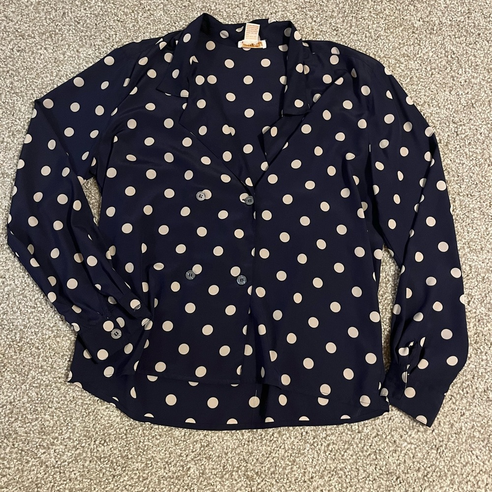 Jones New York Navy Polka Dot Button Down Shirt